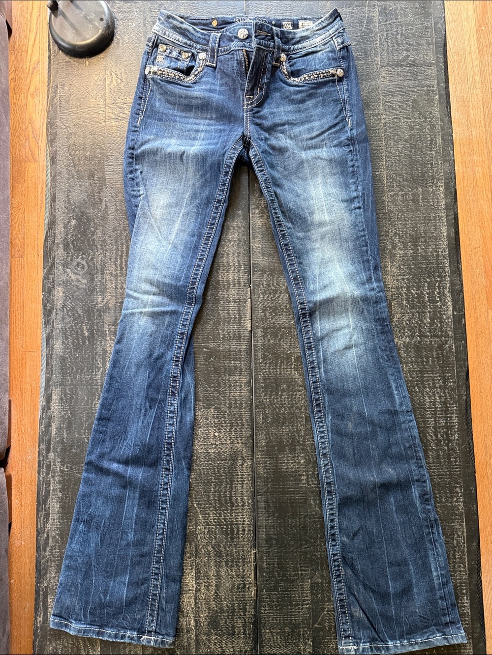 Miss Me Medium Blue Flare Jeans with Faded Whiskering